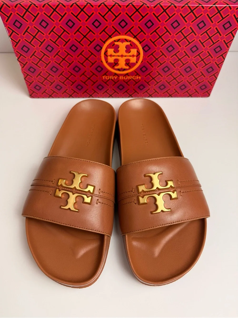 Tory Burch Everly Anatomic Cloud Slide Sandals Ambra Brown Leather Gold Logo 8